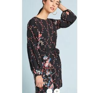 Anthropologie Seen Work Kept bird Embroidered Floral Black Mini short Dress 4